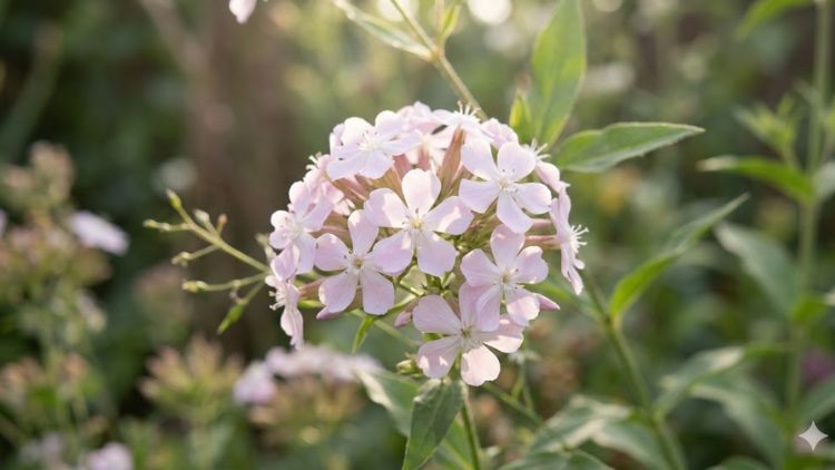 Close-up of pink Saponaria officinalis flowers in a garden