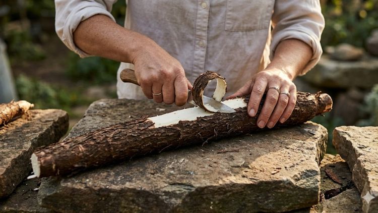 Peeling raw Yucca root on a stone surface for DIY shampoo