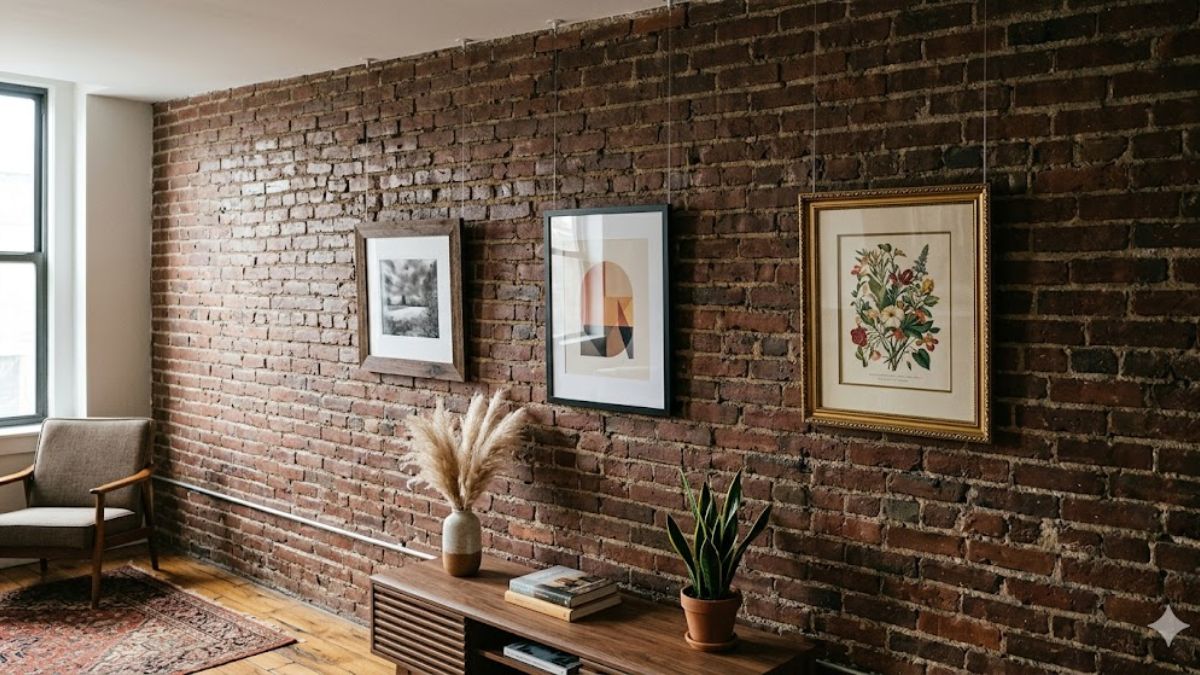 Suspended art gallery in front of brick wall