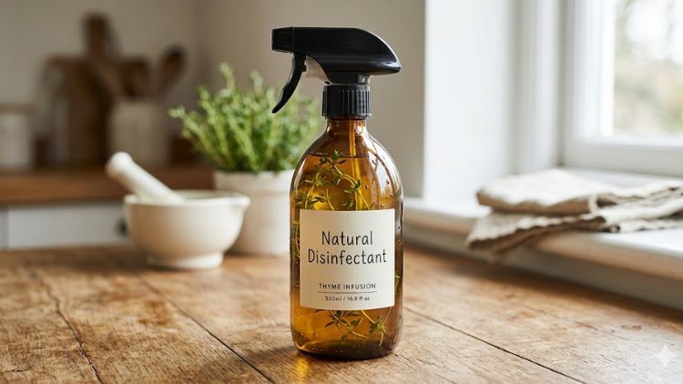 Amber glass spray bottle with fresh thyme for non-toxic disinfecting