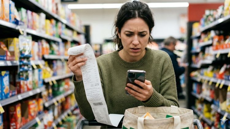 A stressed shopper looking at a receipt while trying to save $500 on groceries.