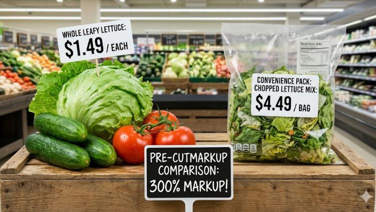 Comparison between whole lettuce and expensive pre-cut salad bags.
