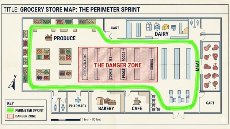 Grocery store layout map showing the healthy perimeter and the "danger zone" middle aisles.