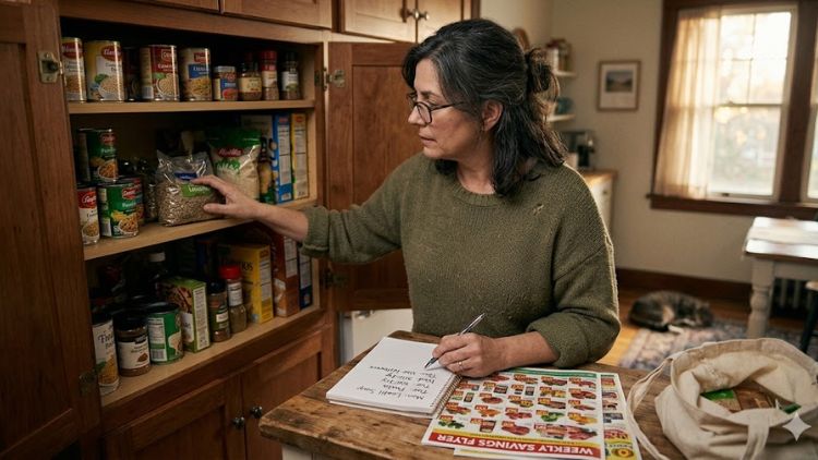 Person doing inverse meal planning by checking pantry first and then store sales.