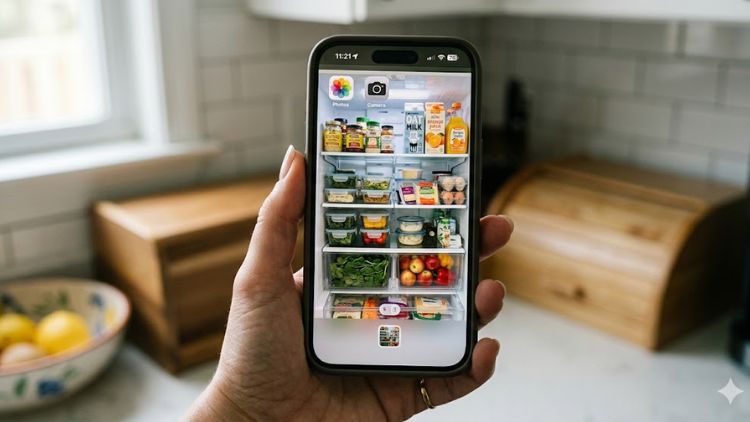Taking a fridge shelfie to avoid double buying and save $500 on groceries.