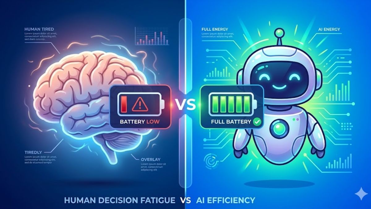 Comparison of human decision fatigue vs AI efficiency.