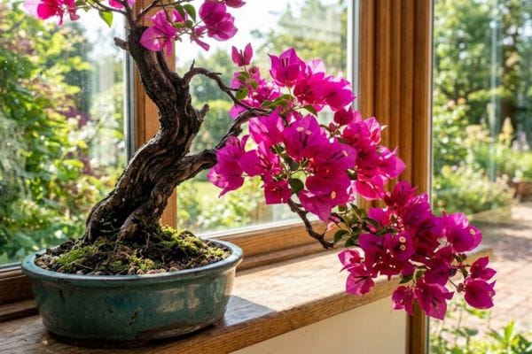 Colorful magenta Bougainvillea bonsai tree outdoor display.