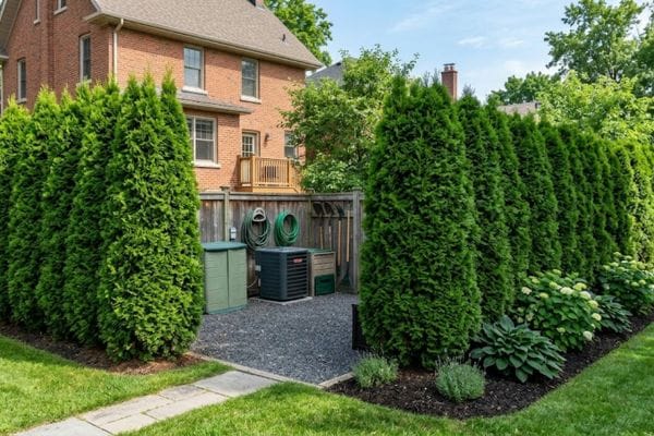 Tall arborvitae evergreen trees planted as a living screen to hide outdoor AC unit and backyard utilities