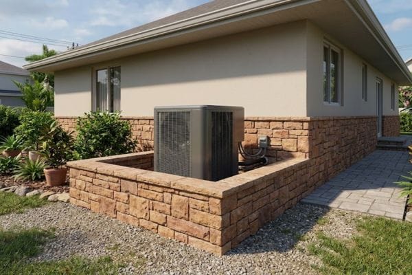 Decorative stackable stone retaining wall enclosure to hide outdoor AC unit