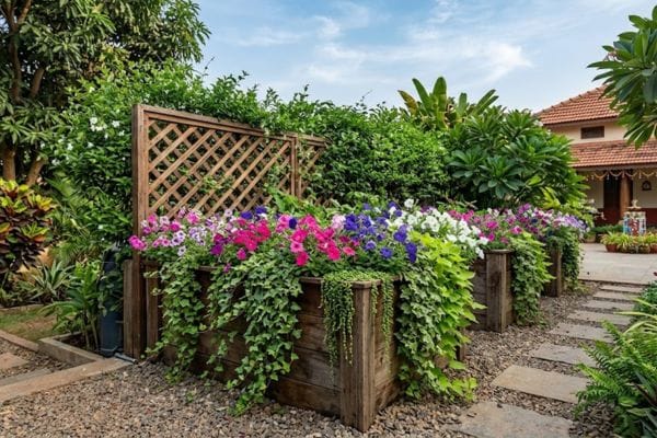 Wooden raised planter boxes with colorful flowers to hide outdoor AC unit.