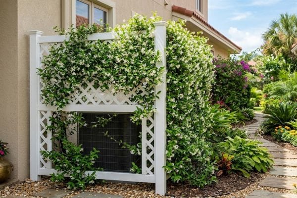White garden trellis with climbing star jasmine vines hiding an outdoor air conditioner.