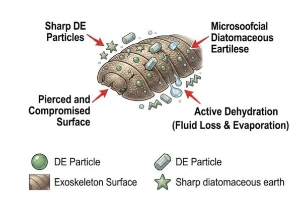 Microscopic conceptual illustration of sharp diatomaceous earth particles piercing the waxy exoskeleton of a bed bug causing dehydration