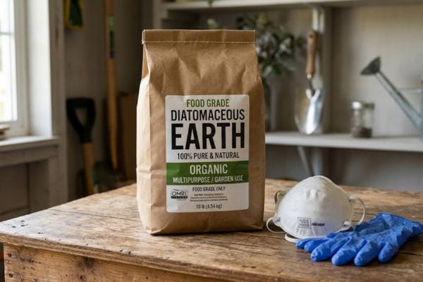 A bag of Food Grade Diatomaceous Earth sitting next to an N95 dust mask and protective gloves on a wooden table