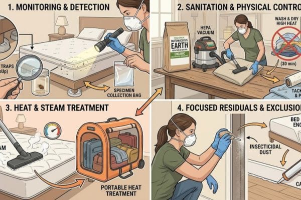 A collection of bed bug multi-treatment tools showing a zipped mattress encasement, bed bug interceptor cups under bed legs, and a steam cleaner nozzle.