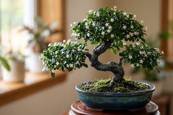 Indoor Fukien Tea plant representing easy flowering bonsai trees for beginners on a windowsill.
