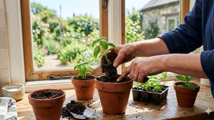 A person planting a DIY kitchen herb garden as a physical screen-time replacement alternative.