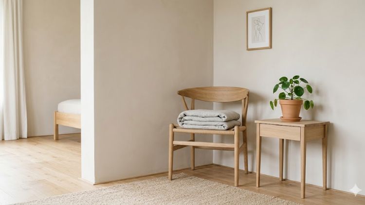 Minimalist bedroom corner reflecting an organized physical home lifestyle free from anxiety.
