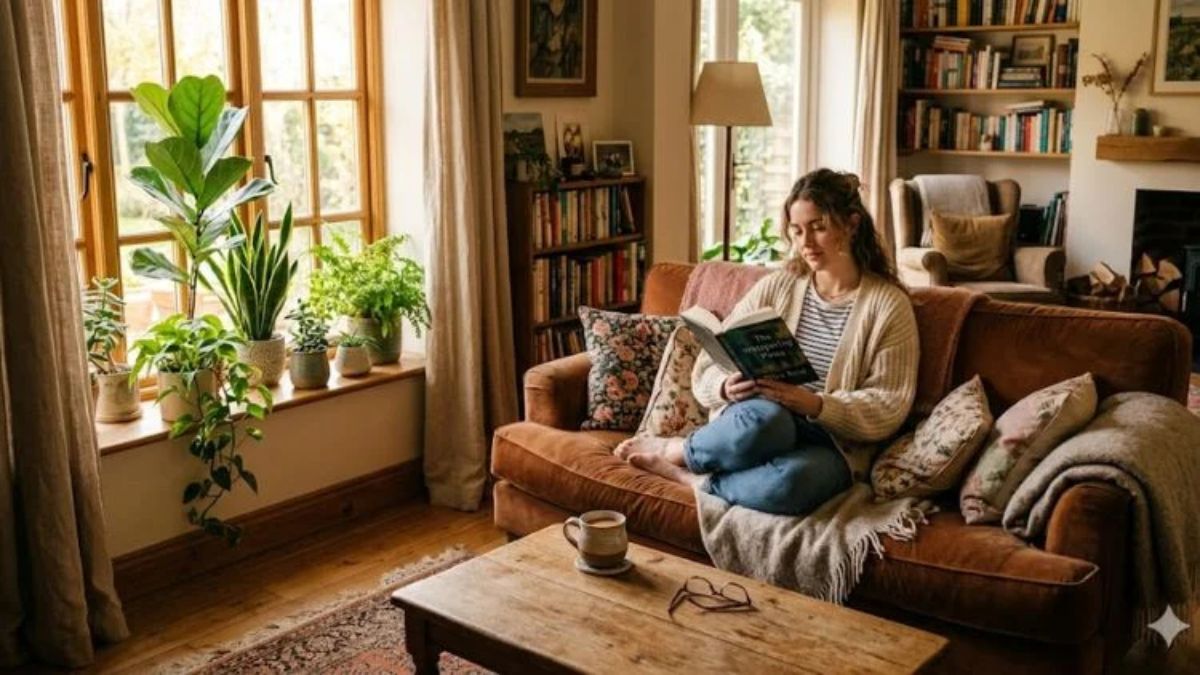 A calm living room interior representing The Unsubscribed Home concept with no digital screens.