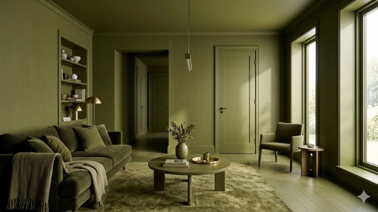 Modern living room completely colour drenched in matte olive green to avoid common colour drenching mistakes
