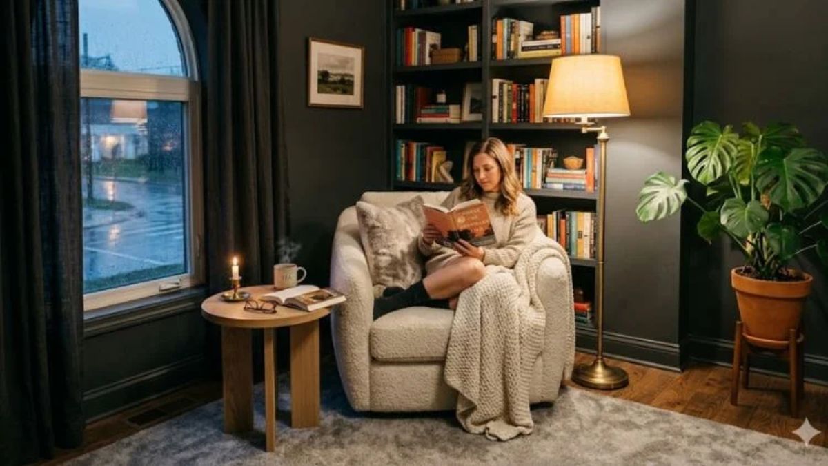 Drenched charcoal gray reading nook softened with brass lamp and textures