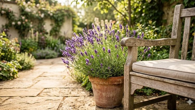 Vibrant lavender plant in a terracotta pot acting as one of the best mosquito repellent plants for patio spaces.
