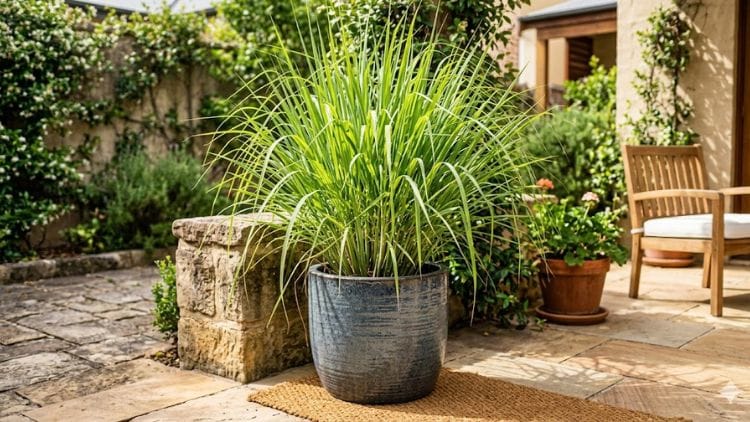 Tall green lemongrass in a large ceramic planter, perfect as one of the top mosquito repellent plants for patio seating.