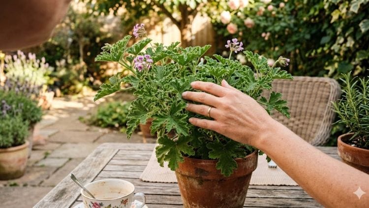 A hand brushing the textured leaves of a scented geranium plant on a patio.