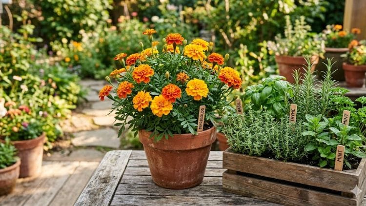 Bright orange marigold flowers blooming in a small pot next to herbs.
