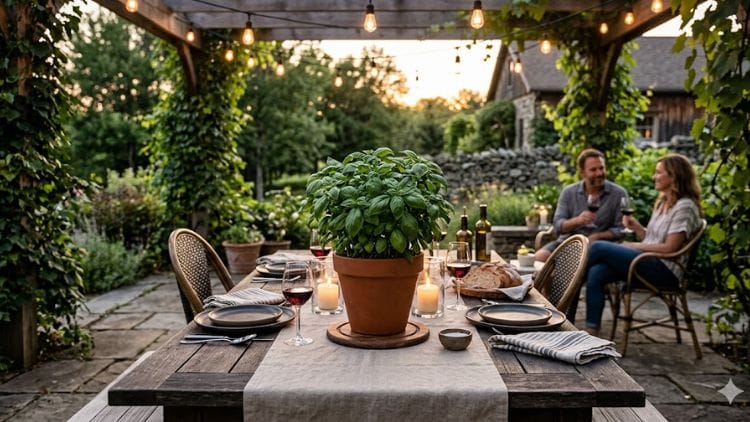 Fresh green basil in a pot serving as a tabletop centerpiece and one of the best mosquito repellent plants for patio dining.