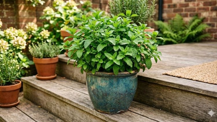 Peppermint plant growing inside its own dedicated container on patio steps.