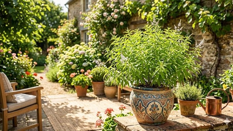 Sun-drenched lemon verbena plant growing in a decorative planter under direct sunlight.