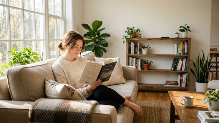 A young woman reading a book on a cozy couch while practicing dopamine fasting at home near a sunny window to reduce sensory overload.