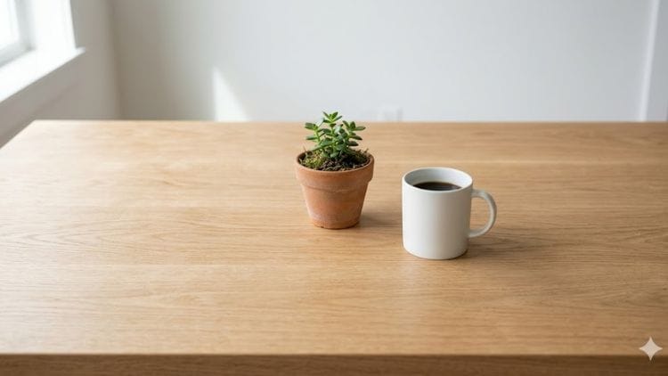 A minimalist and organized wooden desk surface holding only a small green potted plant and a white ceramic mug with no messy wires or clutter.