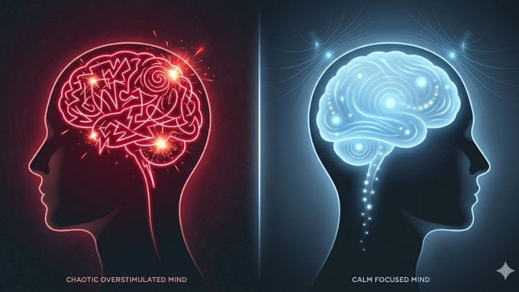 A conceptual split screen graphic of a human head showing a chaotic overstimulated mind versus a calm focused mind outline.