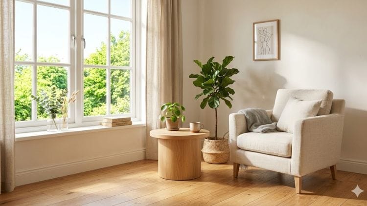 A bright minimalist room corner with soft morning sunlight spilling through a clean window onto a bare wooden floor.