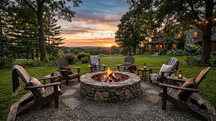 A circular stone fire pit built in a lush backyard at golden hour.