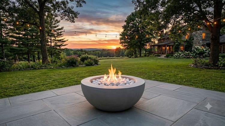 A sleek, modern concrete fire bowl with a clean minimalist design.