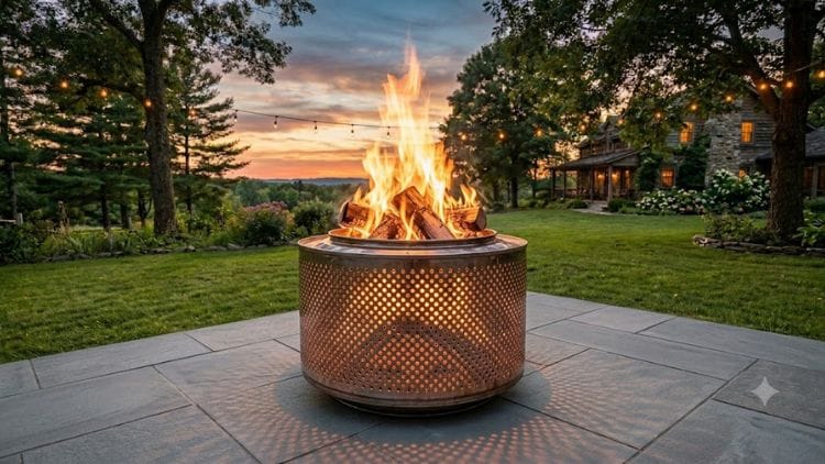 A stainless steel drum from an old washing machine used as a fire pit.
