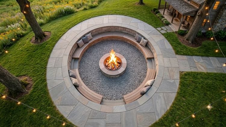 A sunken conversation pit with a stone fire pit in the center.