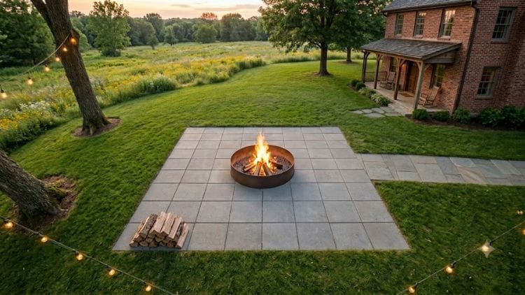 A portable metal fire ring surrounded by stone pavers, sitting on a flat lawn.