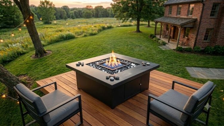 An elevated propane fire table with a stone veneer finish on a deck.