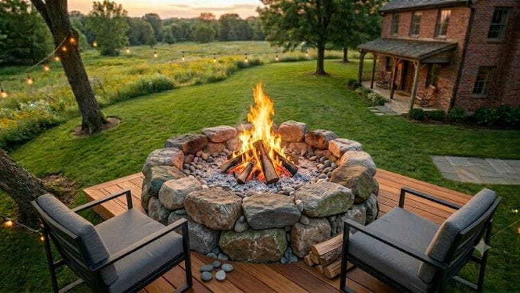 A natural-looking fire pit constructed from stacked raw boulders.