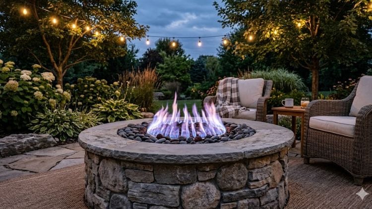 A stone fire pit converted into a gas-burning feature with clean flames.