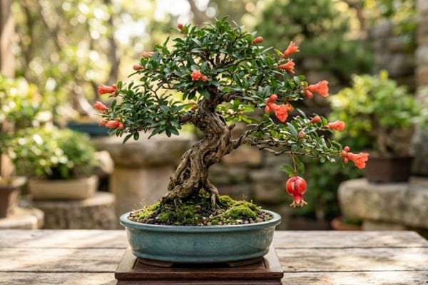 Dwarf Pomegranate bonsai tree with miniature fruits and red flowers.