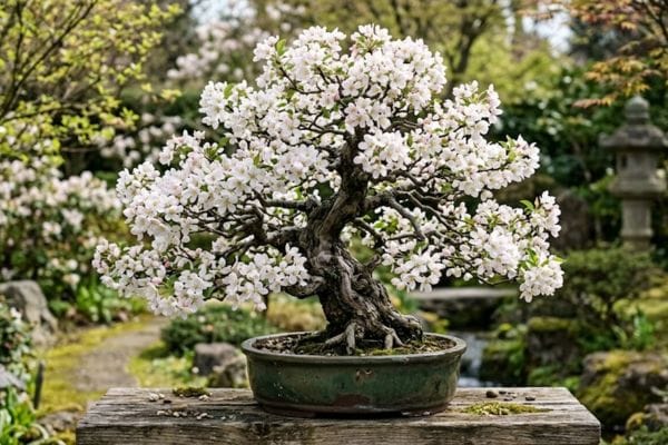 Outdoor Crabapple tree variant of hardy flowering bonsai trees for beginners on a patio.