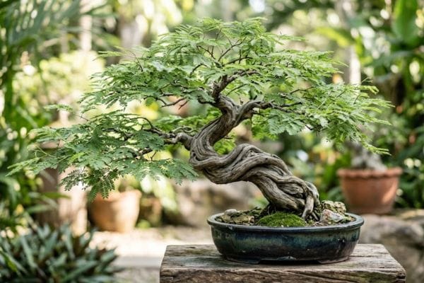 Exotic Brazilian Rain Tree bonsai with a twisted trunk design.