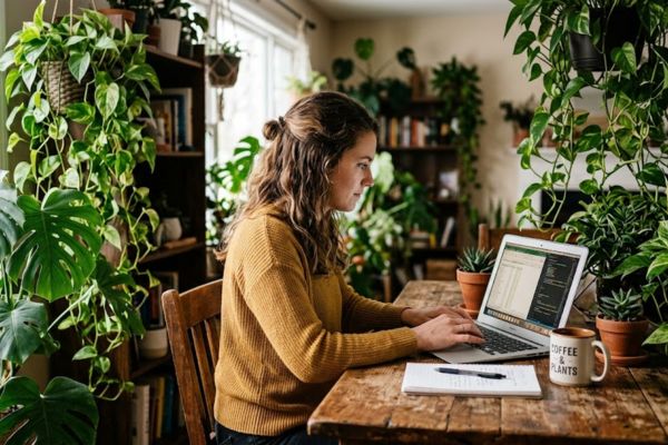 A person running a gardening AI side hustle on a laptop surrounded by green plants.