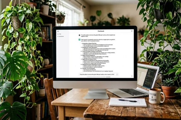 An AI tool interface generating a customized step-by-step organic plant care guide outline.