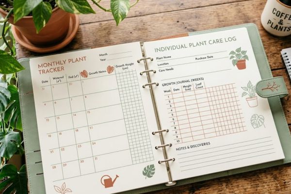 Earthy-toned aesthetic printable garden planner pages and tracking sheets designed on a tablet.