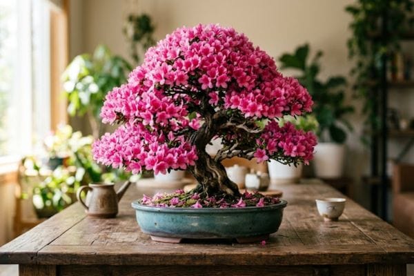 A stunning Satsuki Azalea, one of the best flowering bonsai trees for beginners, in full pink bloom.